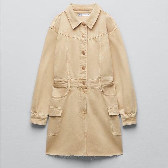 Zara dress denim jean long sleeve tan camel fall - Picture 9 of 12